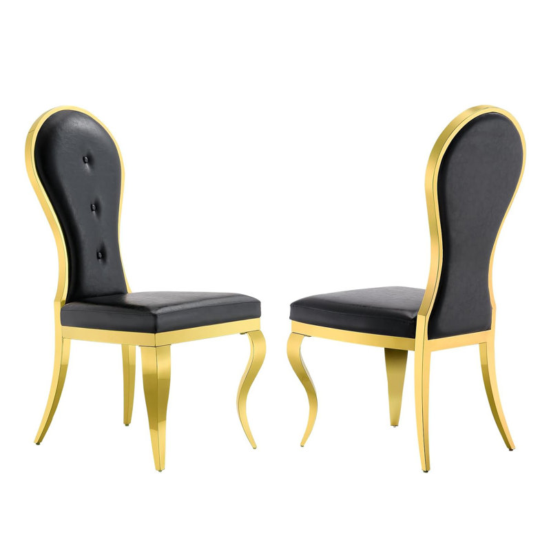 Lawrene Luxury Leather Side Chairs with Polished Gold Stainless Steel Legs, Black