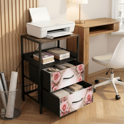 Table de chevet 2 tiroirs avec station de charge, table de chevet pour chambre avec ports USB et amp; Outlets à tablette ouverte noire avec table de chevet ornée de volutes ornementales à motif floral rose