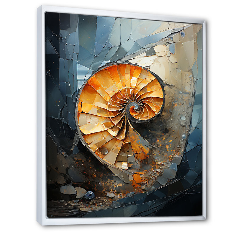 Golden Sea Sheel Spiral sur toile, H 32 po x l 24 po x P 1 po, Cadre flottant blanc