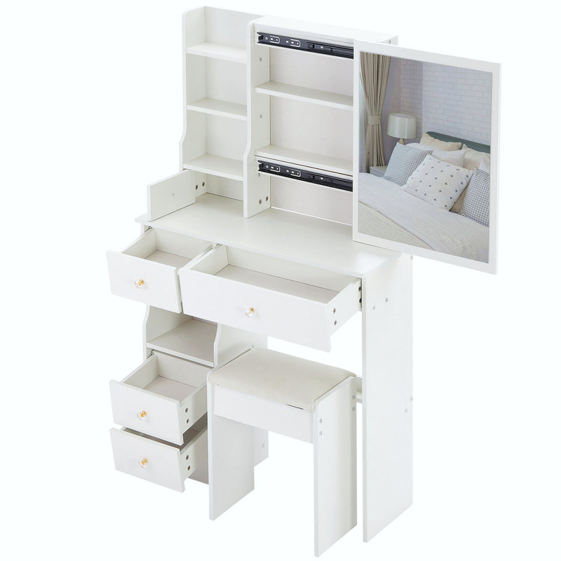 29.2" Small Space Left Drawer Desktop Vanity Table + Cushioned Stool, Extra Large Right Sliding Mirror, Multi Layer High Capacity Storage, Practical Fashionable Dresser, Suitable For Small Space
