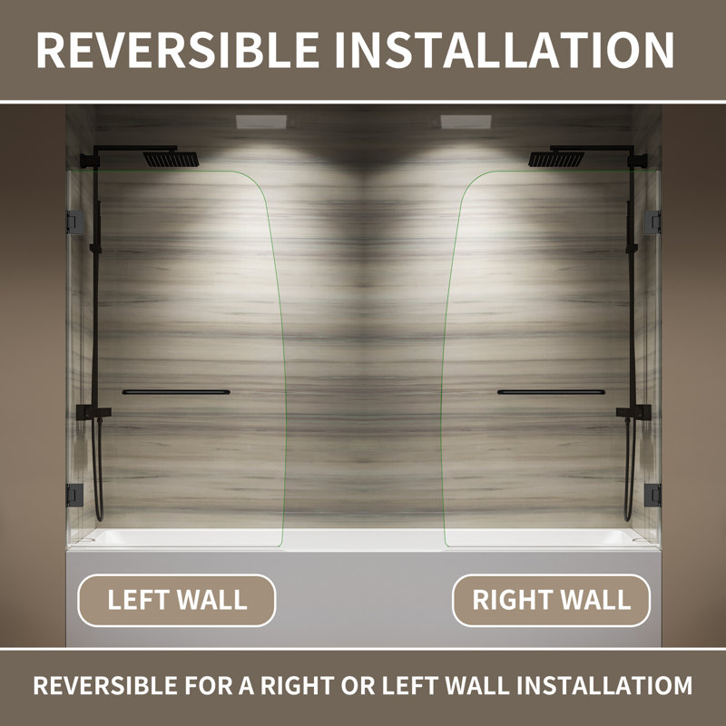 33.6'' - 33.6'' W x 58'' H Frameless Tub Door with Clear Glass, Noir mat