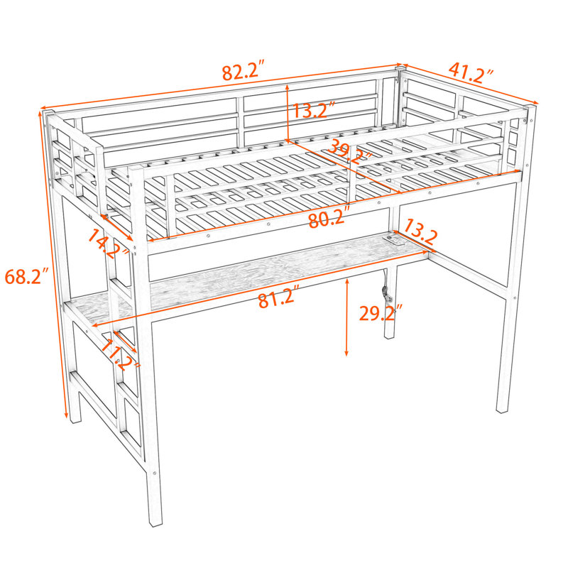 Metal Loft Bed With Charging Station And LED Lights And Built-In Desk, Extra-Long Twin