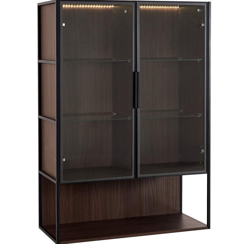 Armoire de bureau moderne et minimaliste avec éclairage à DEL - porte en verre trempé de 51,2 po de hauteur, cadre en métal pour le salon, tablettes et cadre