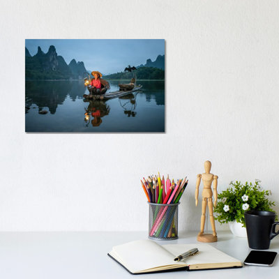 Cormoran Fisherman And Karst Mountains Near Yangshou, Guilin, China by Jan Becke - Wrapped Canvas Print