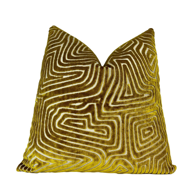 Maze Velvet Throw Pillow Cover, 20"H x 20"W, Gold Geometric