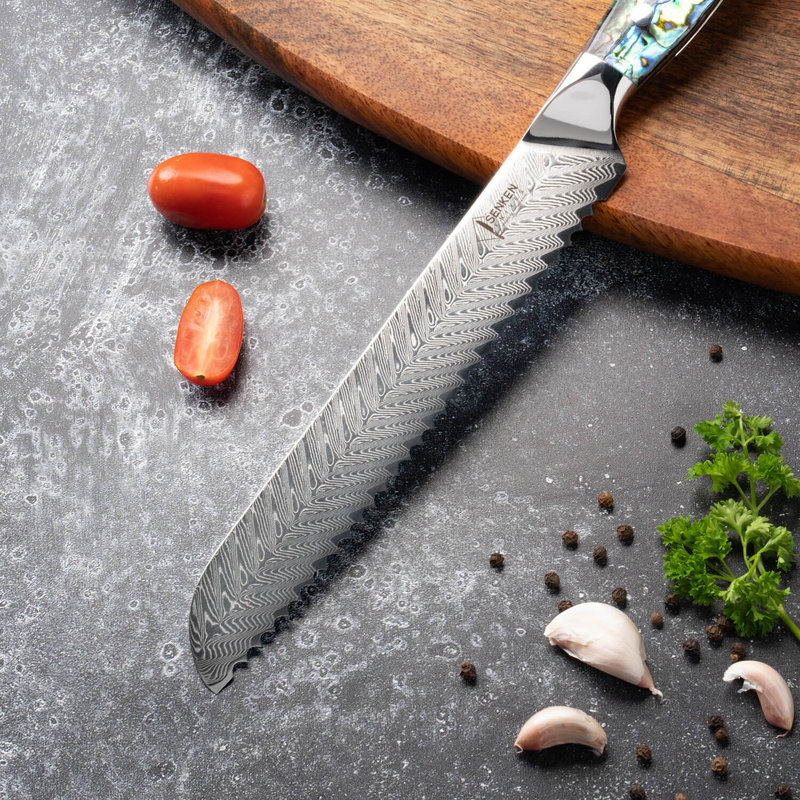 8" Damascus Steel Bread Knife with Real Abalone Shell Handle - Japanese VG10 67-Layer Damascus Steel - 8" Serrated Blade, Luxury Gift Box - Senken Knives
