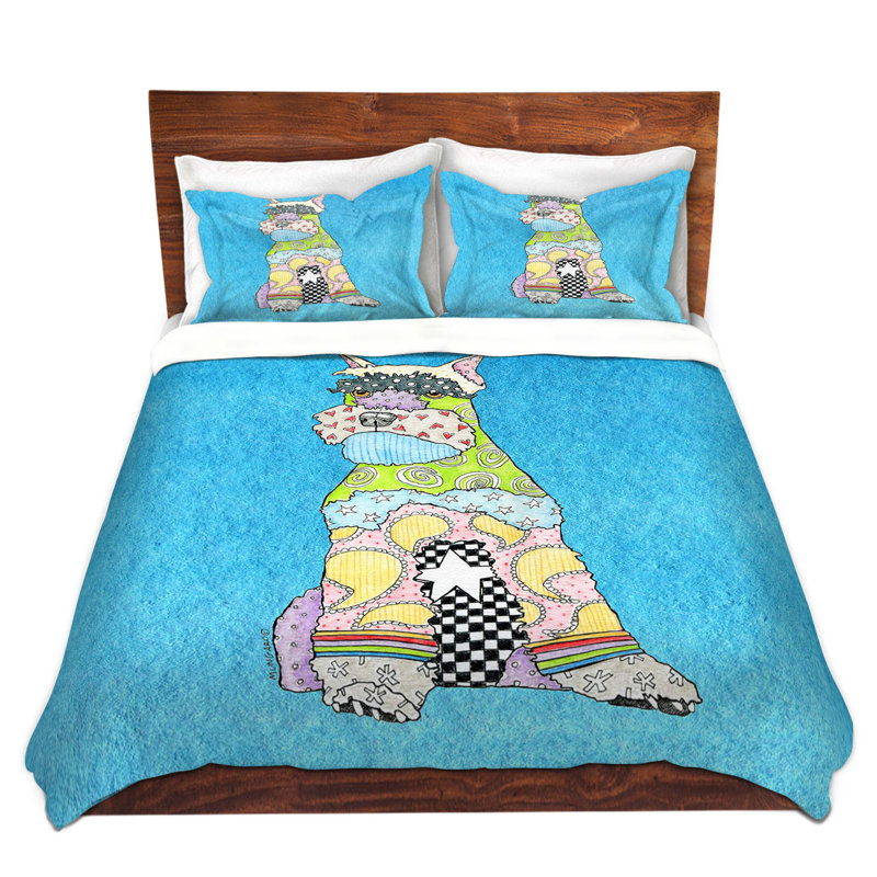 Ensemble de housse de couette schnauzer dog, 1 housse simple + 1 taie standard, Bleu / jaune / gris