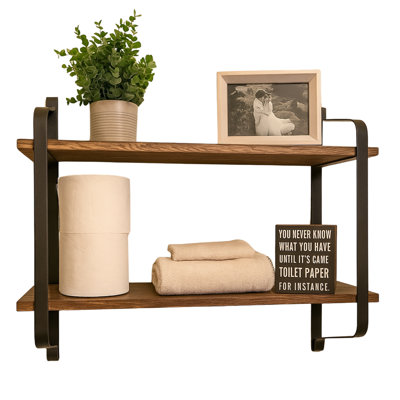 Abelard Rustic Industrial Wooden Floating Shelf Wall Mounted 2 Tier Storage Shelves Display Rack