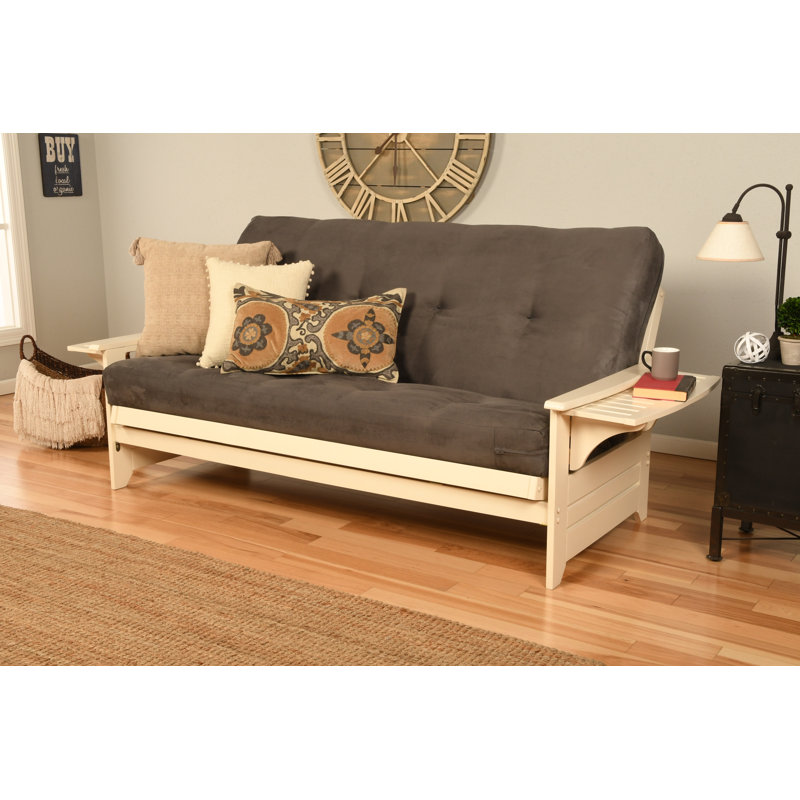 Johnte 82'' Wide Full Futon And Mattress, Antique White, Suede Gray Microsuede, Premium Pocket Coil
