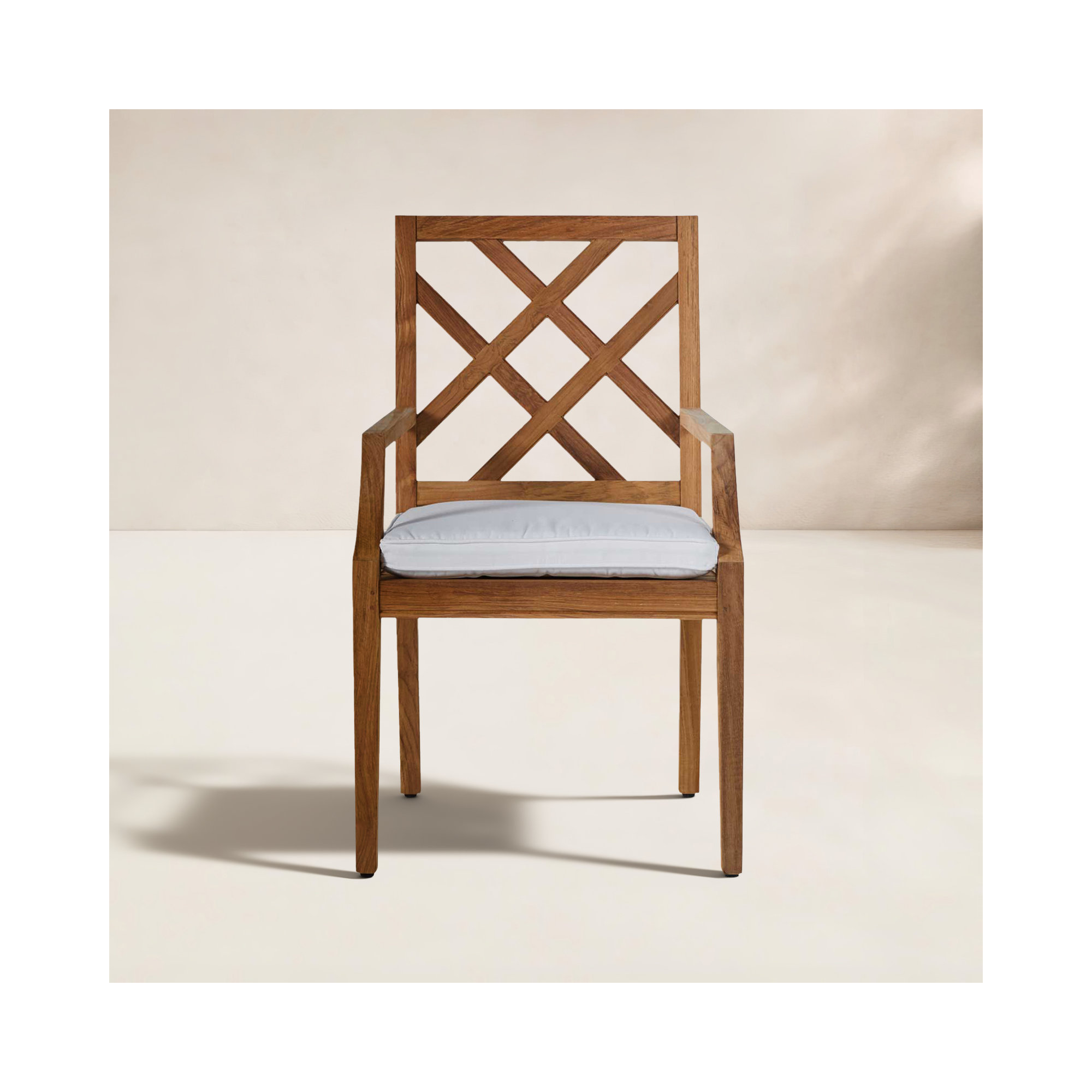Haley Teak Outdoor Arm Chair Latticework Back, Natural Teak, Natural White, Welt