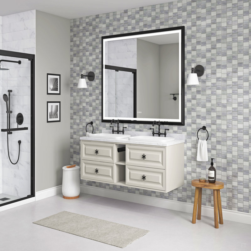 Miroir de salle de bain 60 po x 48 po à DEL avec cadre en aluminium, miroir de meuble-lavabo mural, anti-buée, mémoire, 3 couleurs, réglable en continu