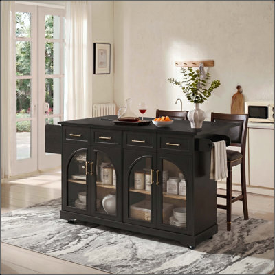 Îlot de cuisine 65 po avec porte en verre arquée, abattant, rangement et prise de courant