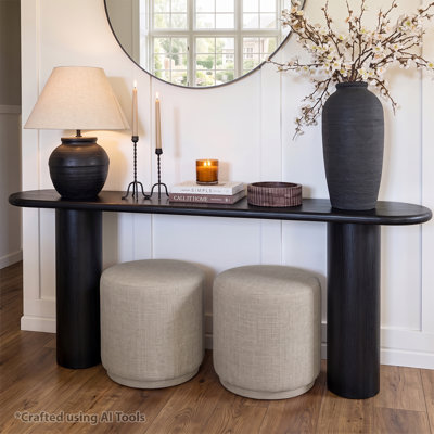 70" Black Console Table Set with 2 Upholstered Round Ottomans