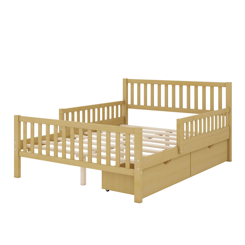 Structure de lit plateforme en bois avec garde-corps et 2 tiroirs, structure en bois de pin massif avec support à lattes