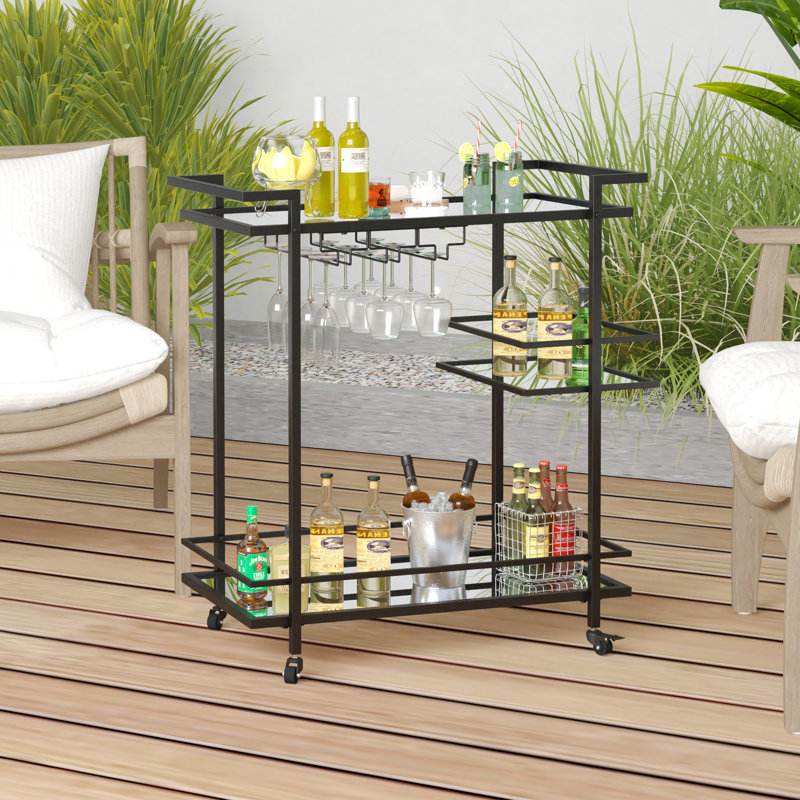 Black Metal and Glass 3-Tier Bar Cart with Storage