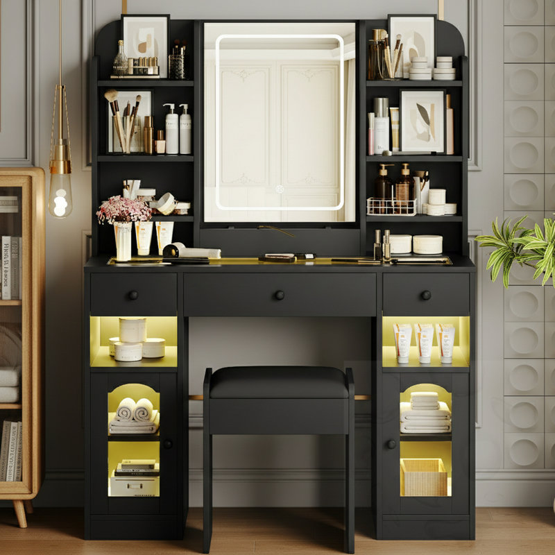 Bureau de coiffeuse 3 tiroirs avec miroir à DEL, armoires lumineuses et tabouret, Noir