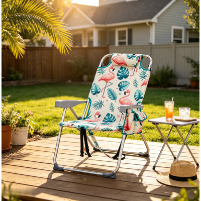 Flamingo Print Portable Backpack Beach Chair, Folding Reclining Aluminum Beach Chair with Headrest & Side Storage Pouch for Outdoor Patio Camping