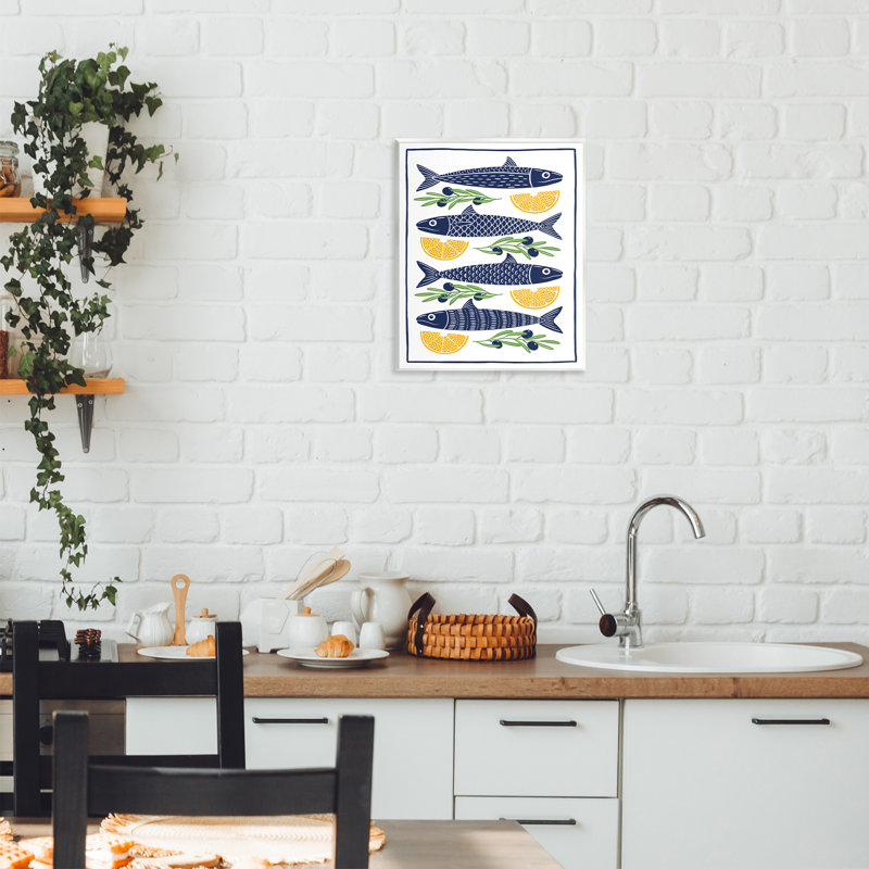 Poissons, citron, olives, plaque murale, design par Bex Morley Design