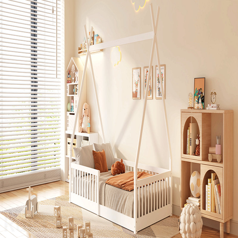 Lit simple en bois avec clôture, blanc, White