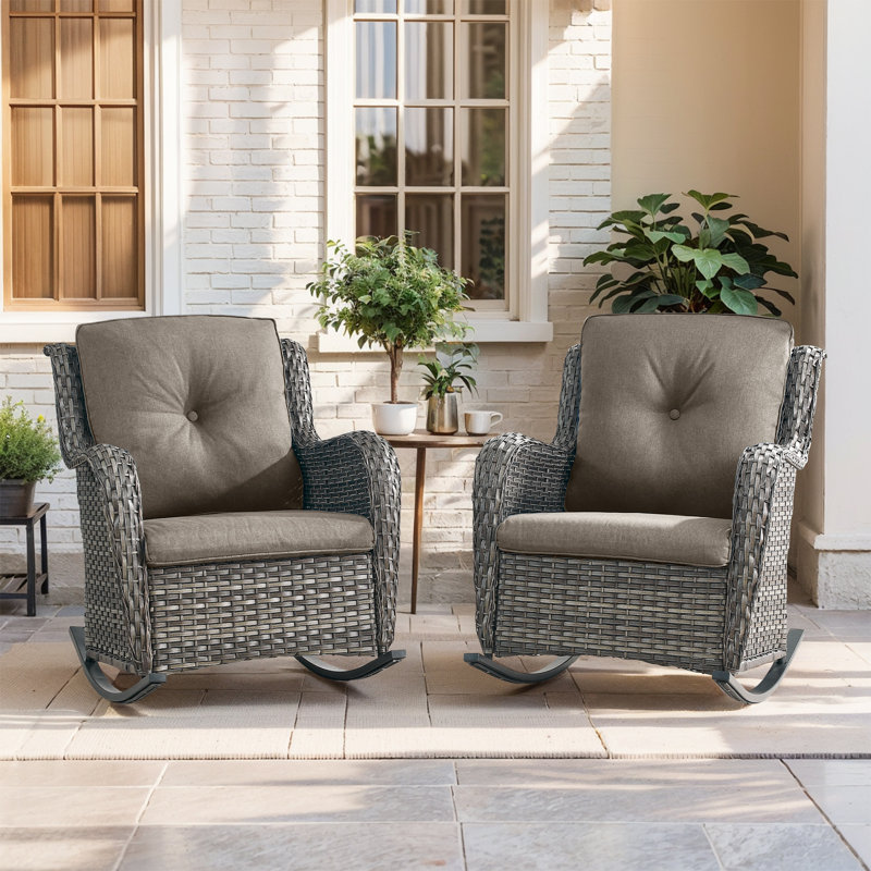 Ensemble de chaises berçantes d'extérieur en osier avec coussins 2 pièces Dahlyla, Bleu, Brun