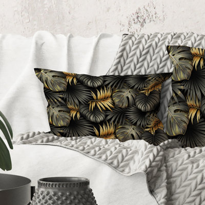 Rectangle, feuilles tropicales noires et dorées II - Coussin décoratif imprimé moderne
