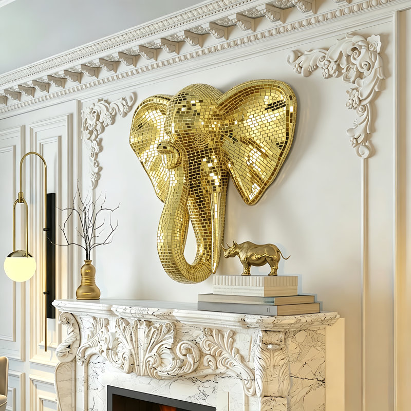 Décoration murale 30,75 "mosaïque argentée en forme de tête de diamant et d'éléphant, art moderne glam, Doré