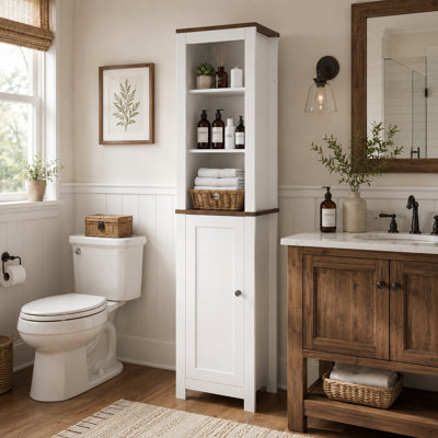 Armoire de rangement pour salle de bain de 66 po de hauteur, armoires de rangement de style campagnard moderne avec tablettes réglables et armoire étroite anti-basculement pour salle de bain, salon, entrée, cuisine
