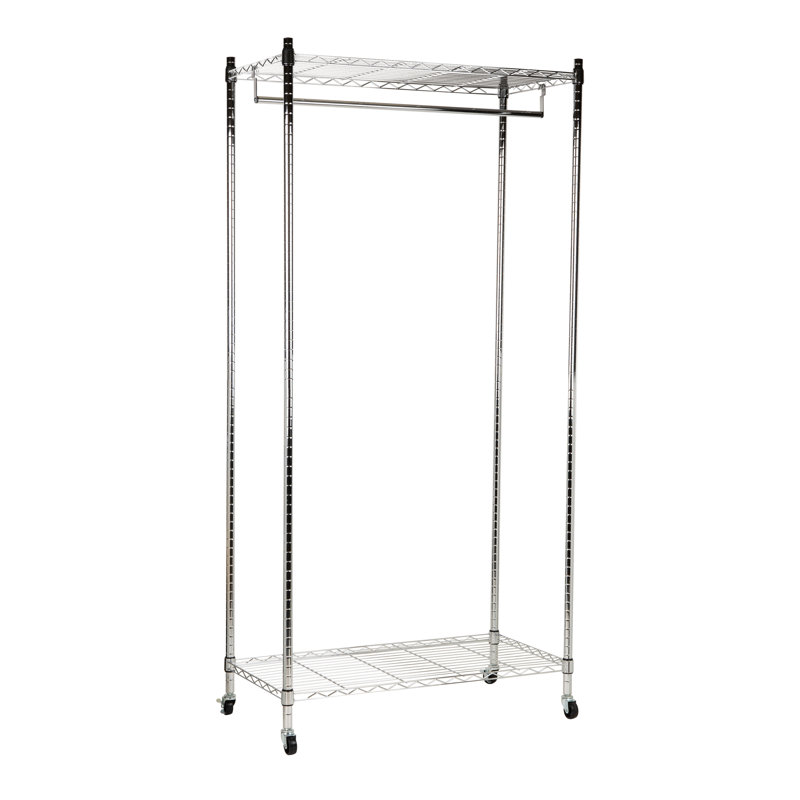 Portant à vêtements robuste avec barre ajustable, double tablettes et roues verrouillables Mind Organiser