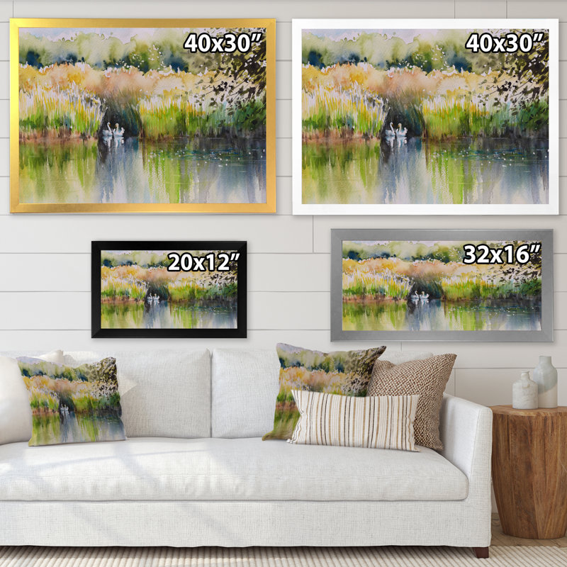 Deux cygnes dans l'étang - peinture sur toile, H 12 po x l 20 po x P 1 po, Cadre d'angle fermé noir