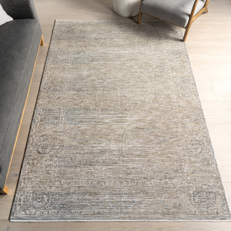 Tapis médaillon pour salon, chambre, salle à manger et cuisine, beige clair / gris clair, Rectangle 4 pi x 6 pi