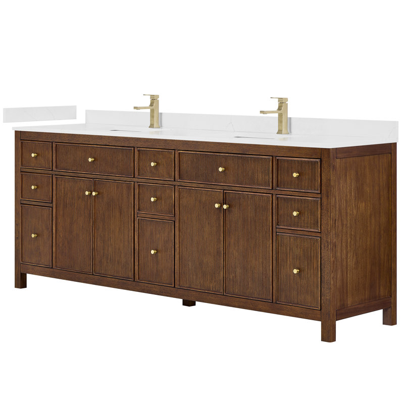 Pendry 84" Freestanding Double Bathroom Vanity with Top, Dark Walnut, Brushed Gold, White Quartz