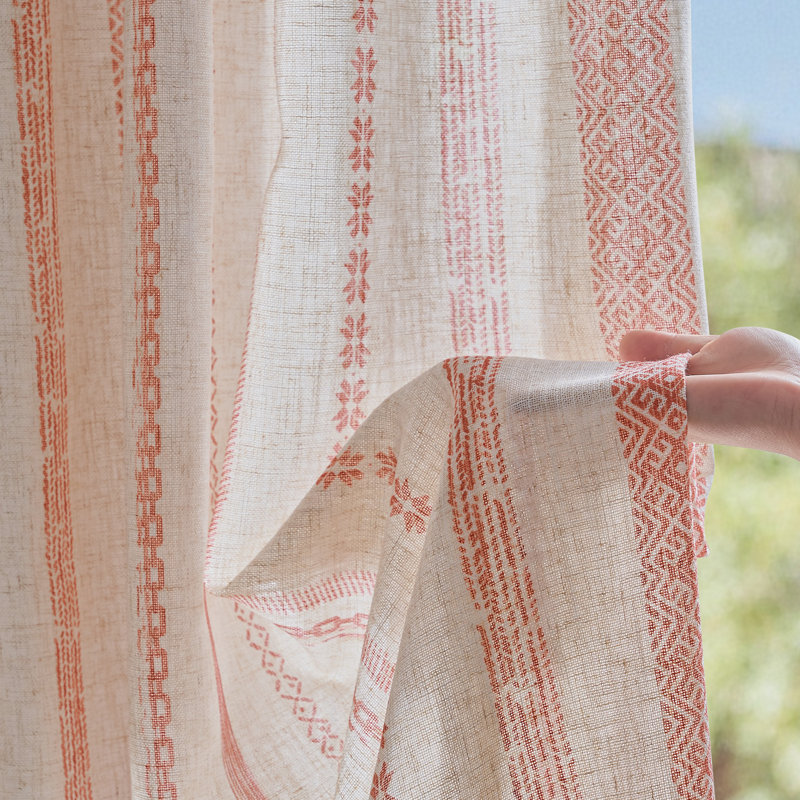 Semi Sheer Linen Blend Boho Herringbone Printed Back Tab Rod Pocket Curtain Pair, Terracotta on Beige, 52" W X 84" L