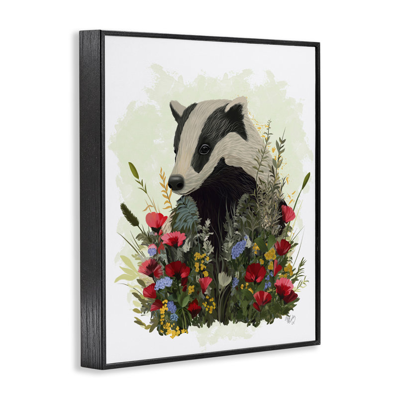 «Badger with Poppy Blossoms», art de la giclée encadrée par Fab Funky, Giclée encadrée noir minuit, H 14 po x l 11 po
