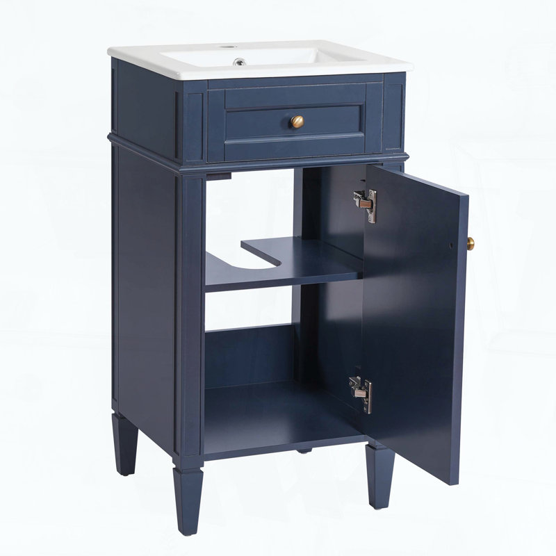 Meuble-lavabo sur pied avec lavabo en céramique, porte à fermeture amortie et pieds en bois massif, style français, bleu