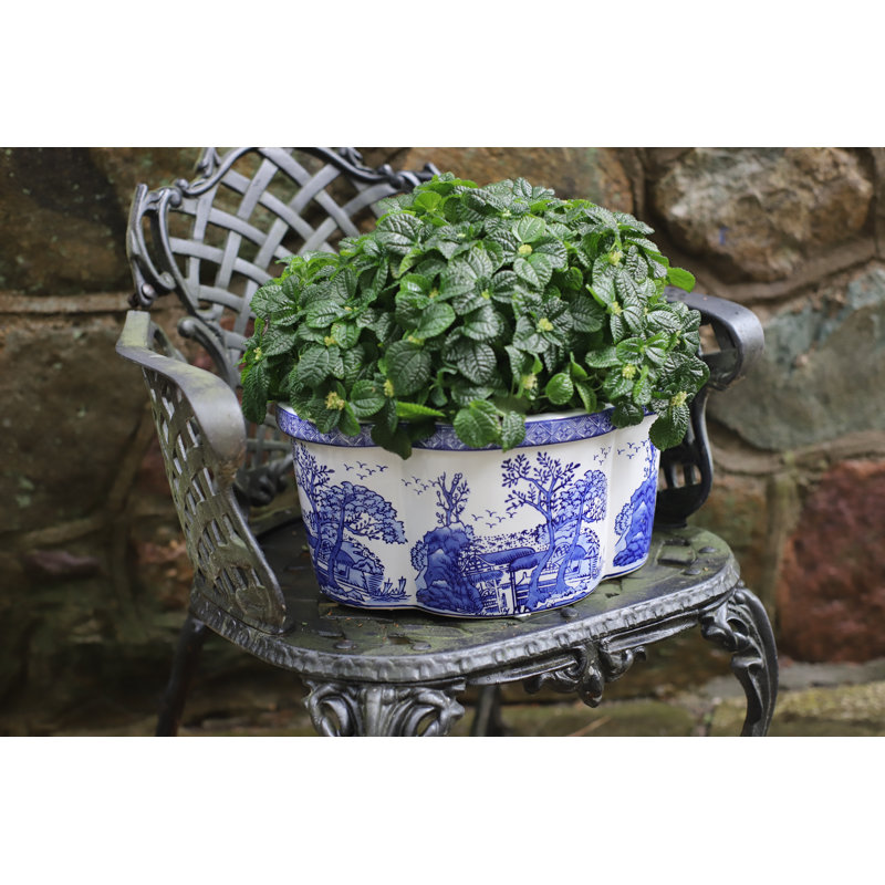 Pot à fleurs festonné à bordure ovale 13,25 po Euro Ceramica - bleu et blanc