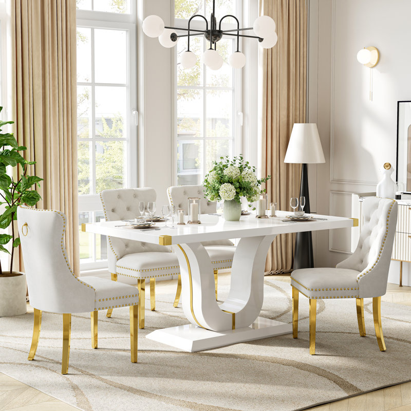 Rectangular 62.99'' L x 35.43'' W White High-Gloss Dining Set, 5 Pieces: Table, 4 Chairs