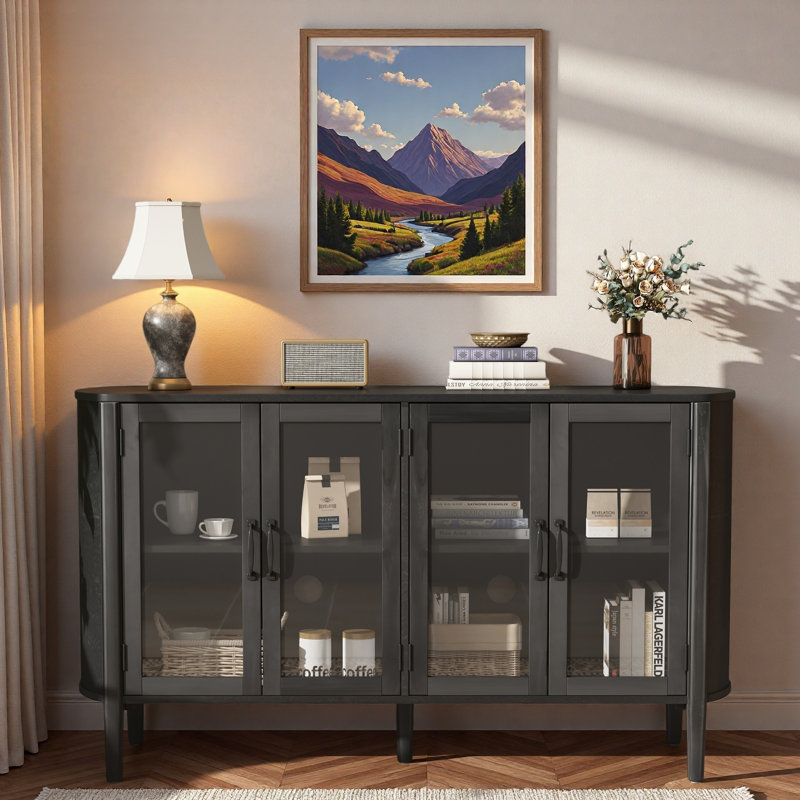 Buffet moderne avec portes en verre et tablettes réglables, Noir