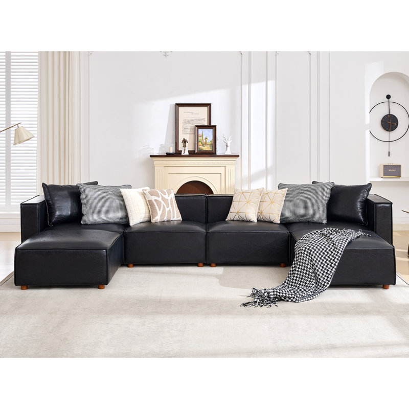 6-Piece 152.76” Leather Upholstered Sectional Sofa, Black