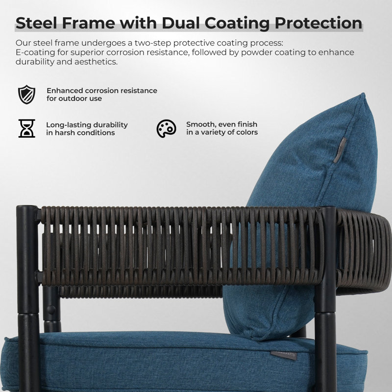 Maine Outdoor Steel Wicker Dinning Counter Stool, Black Frame & Brown Wicker, Peacock Blue Fabric