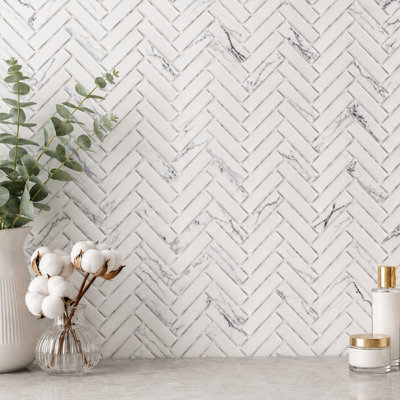 Diflart 10.6" x 9.7" Recycled Glass White Marble Look Herringbone Floor & Wall Mosaic Tile