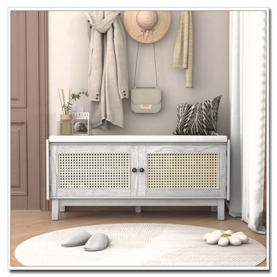 Boho Rattan Entryway Storage Bench with Removable Cushion and Adjustable Shelves