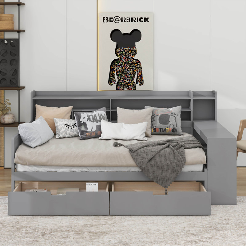 Wooden Twin Size Daybed With Storage Shelves, Multi-Functional Bed With Two Storage Drawers And Study Desk, Twin