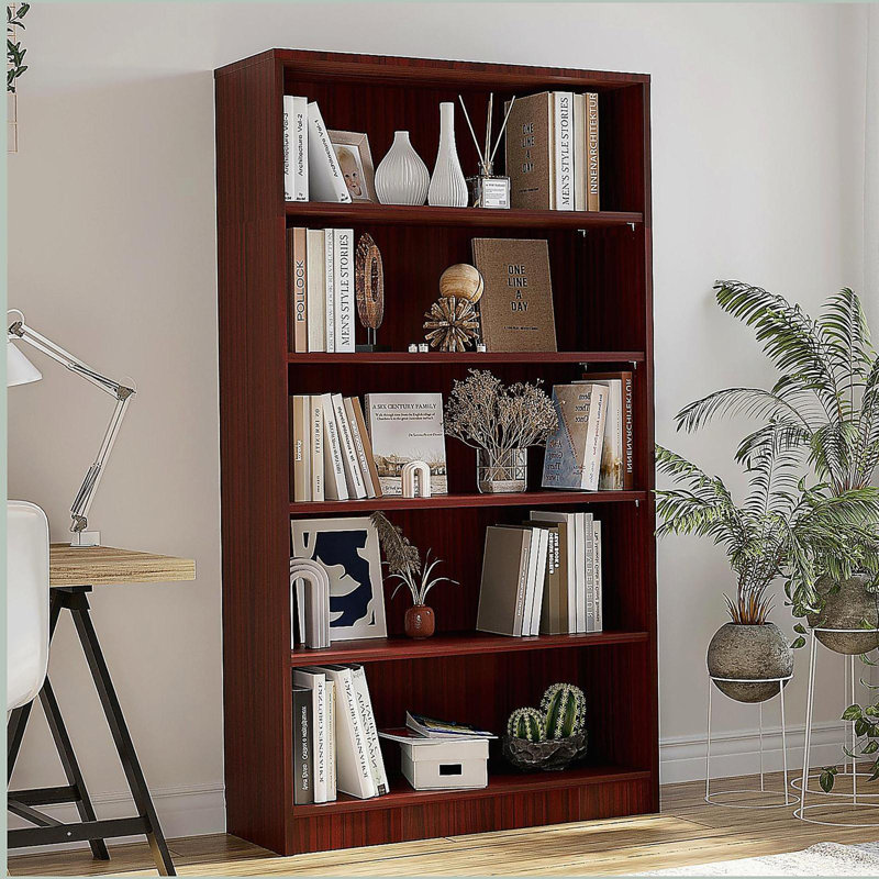 5 Shelf Cherry Bookcase 60 inch Tall Wood Bookshelf, Cherry, (5 Shelves) 60"H x 33"W x 11.6"D