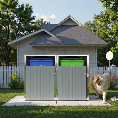 Garbage Bin Shed Stores 2 Trash Cans Metal Outdoor Bin Shed for Garbage Storage,54 cubic feet of space,Stainless Galvanized Steel, Bin Shed for Garden Yard Lawn