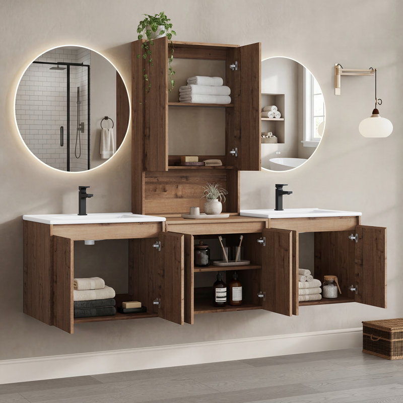 72" Floating Double Bathroom Vanity with Upper Cabinet, Ceramic Sink and Handle-Free Design, 72", Natural Wood