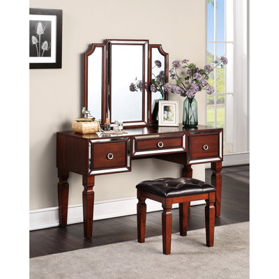 Meuble-lavabo couleur cerise avec tabouret - 3 tiroirs et 3 miroirs de rangement traditionnels