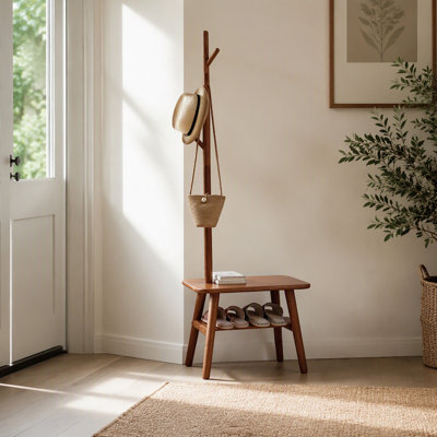 Tabouret à chaussures en bois massif avec cintre en tissu, banc de rangement moderne Mid-Century pour vestibule et espaces de vie