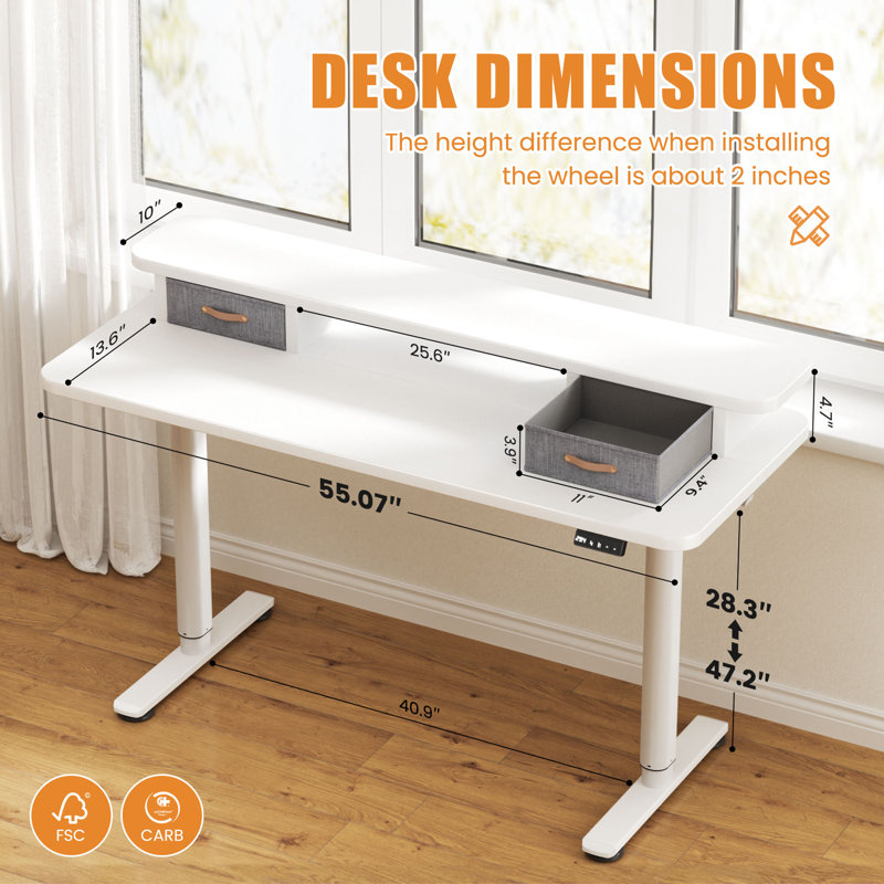 Bureau de jeu debout à hauteur ajustable avec deux tiroirs, Blanc / Blanc, L 55 po x P 23,6 po