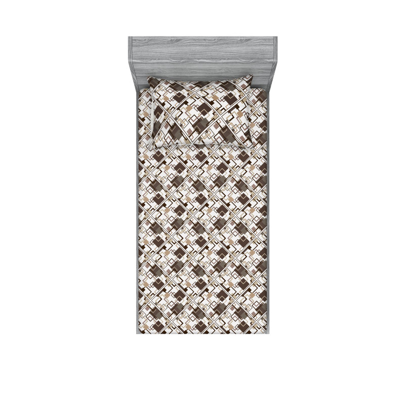 Ambesonne Fitted Sheet & Shams, Dark Cocoa/Ercu/White Abstract, Twin Sheet Set with 1 Pillowcase