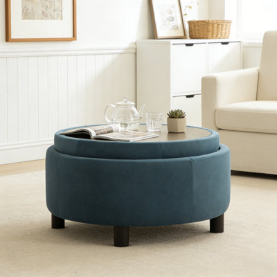 Round Storage Ottoman Coffee Table with Reversible Lid